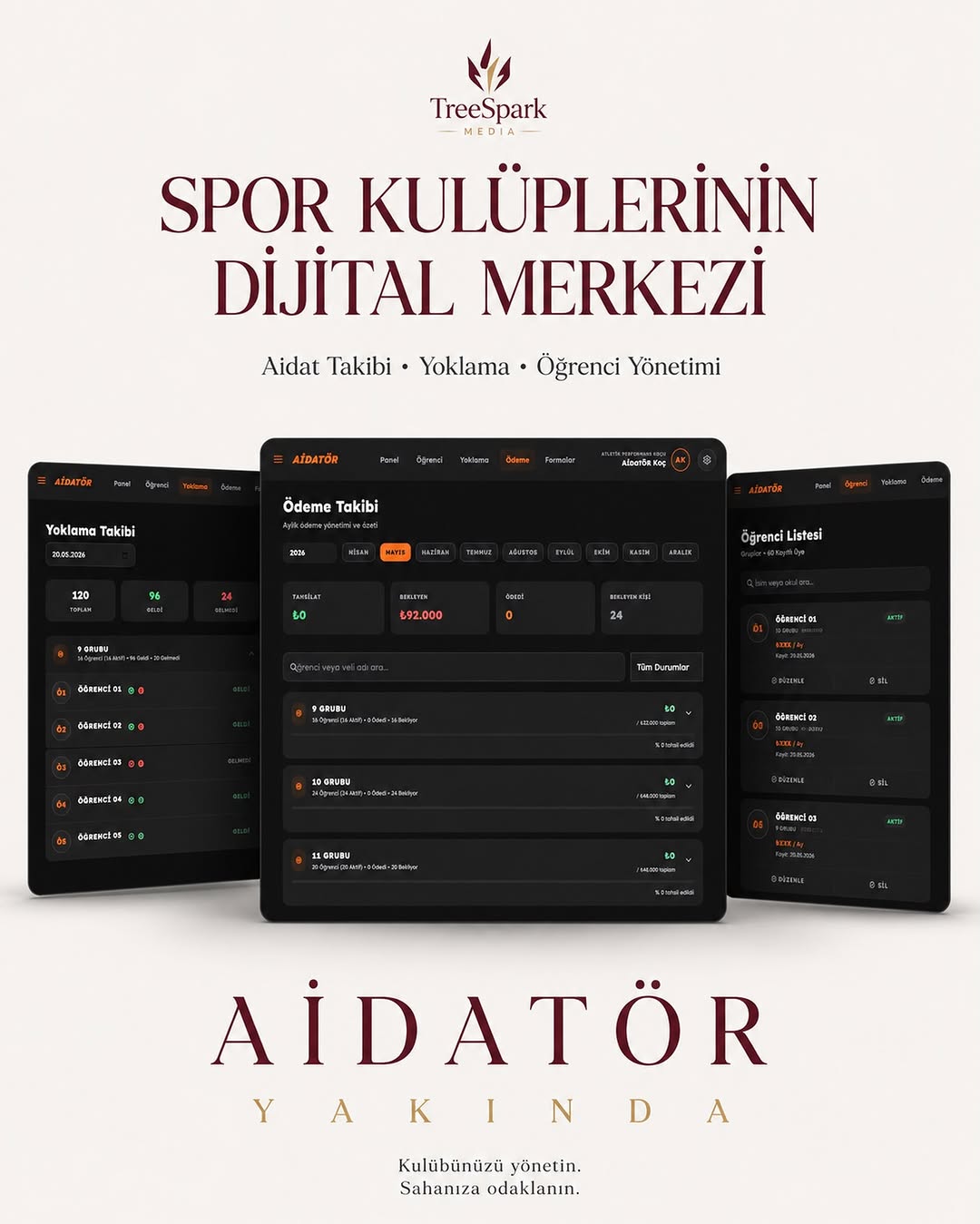 Aidatör spor kulübü yönetim uygulaması — aidat, yoklama ve öğrenci takibi